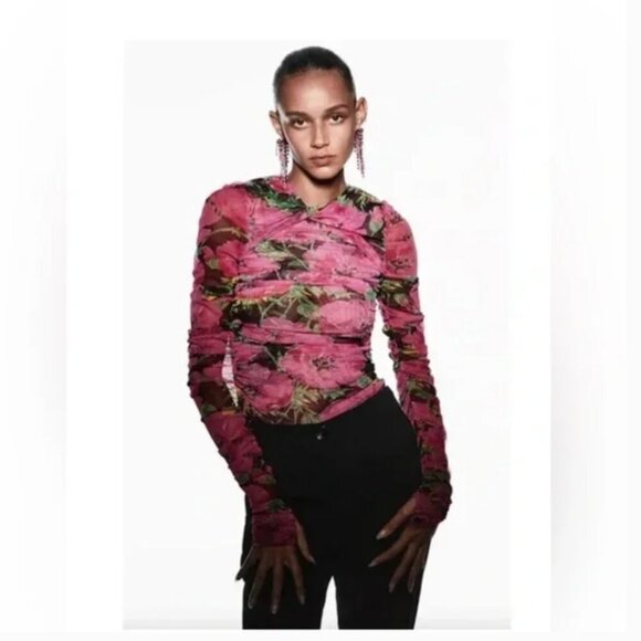 ZARA Pink Floral Printed Draped Tulle Mesh Top Size XL NEW WITH TAG! - Picture 6 of 12
